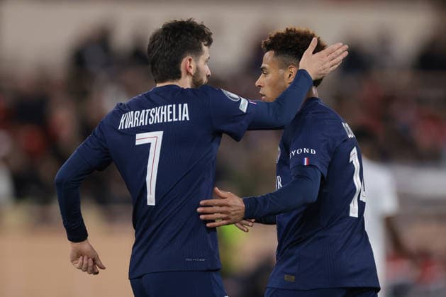 Monaco, Monaco, 17th February 2026. Desire Doue of PSG celebrates with team mate Khvicha Kvaratskhelia after scoring his second goal of the evening to give the visitors a 3-2 lead during the AS Monaco vs Paris Saint Germain UEFA Champions League match at Stade Louis II, Monaco. Picture credit should read: Jonathan Moscrop Sportimage EDITORIAL USE ONLY. No use with unauthorised audio, video, data, fixture lists, club league logos or live services. Online in-match use limited to 120 images, no video emulation. No use in betting, games or single club league player publications. SPI_027_MONACO_PSG_UCL_ SPI-4526-0027