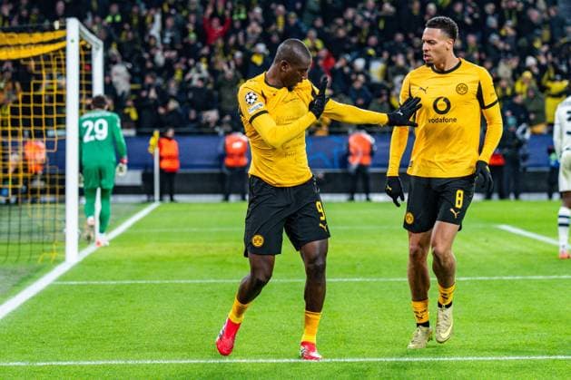 17 02 2026, Borussia Dortmund vs Atalanta Bergamo, UEFA Champions League, playoffs Goal for 1 0 and celebration by Serhou Guirassy Borussia Dortmund, 9 with Felix Nmecha Borussia Dortmund, 8 Regulations prohibit any use of photographs as image sequences and or quasi video Copyright: xBahhoxKarax