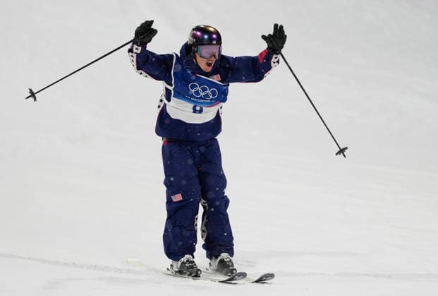 Mac Forehand of the United States reacts in the finish area after his final run in the Men s Freestyle Skiing Big Air competition at the Milano Cortina 2026 Winter Olympic Games, Olympische Spiele, Olympia, OS in Livigno, Italy, on Tuesday, February 17, 2026. Tormod Frostad of Norway won the gold medal, Forehand won the silver medal and Matej Svancer of Austria won the bronze medal.  OLY20260217811 BOBxSTRONG