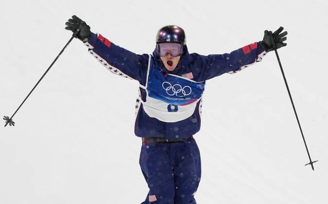 Mac Forehand of the United States reacts in the finish area after his final run in the Men s Freestyle Skiing Big Air competition at the Milano Cortina 2026 Winter Olympic Games, Olympische Spiele, Olympia, OS in Livigno, Italy, on Tuesday, February 17, 2026. Tormod Frostad of Norway won the gold medal, Forehand won the silver medal and Matej Svancer of Austria won the bronze medal.  OLY20260217810 BOBxSTRONG