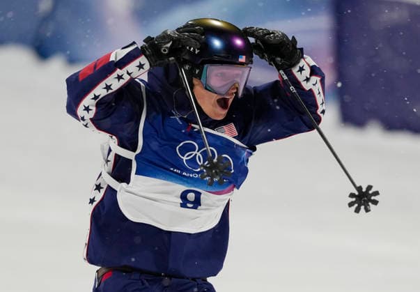 Mac Forehand of the United States reacts in the finish area after his final run in the Men s Freestyle Skiing Big Air competition at the Milano Cortina 2026 Winter Olympic Games, Olympische Spiele, Olympia, OS in Livigno, Italy, on Tuesday, February 17, 2026. Tormod Frostad of Norway won the gold medal, Forehand won the silver medal and Matej Svancer of Austria won the bronze medal.  OLY20260217812 BOBxSTRONG