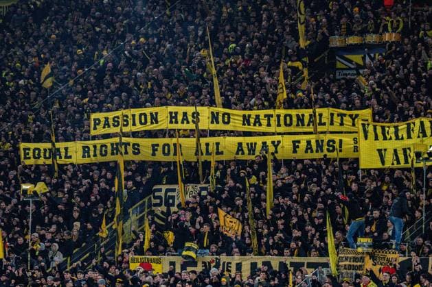 17 02 2026, Borussia Dortmund vs Atalanta Bergamo, UEFA Champions League, Playoffs Fanprotest Fanbanner Banner Passion has no Nationality Equal Rights for all away fans Regulations prohibit any use of photographs as image sequences and or quasi video Copyright: xBahhoxKarax
