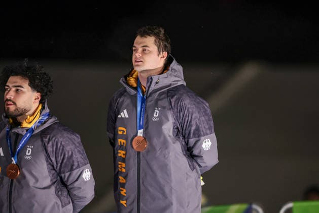Bronze medal award ceremony Ger - Ammour Adam - Schaller Alexander during the Olympic Winter Milano-Cortina 2026, Bobsleigh 2-man on February 17, 2026 at Cortina Sliding Centre in Cortina, Italy  Copyright: xLucianoxMariaxBisi IPAxSportx xipa-agency.netx xx IPA_71660110 IPA_Agency_IPA71660110