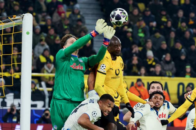 Goalkeeper Marco Carnesecchi Atalanta BC and Serhou Guirassy Borussia Dortmund battle for the ball, UEFA Champions League 2025 26 League Knockout Play off First Leg, Borussia Dortmund v Atalanta BC, BVB Stadion Dortmund on February 17, 2026 in Dortmund, Germany Photo by Marco Steinbrenner DeFodi Images Goalkeeper Marco Carnesecchi Atalanta BC and Serhou Guirassy Borussia Dortmund battle for the ball, UEFA Champions League 2025 26 League Knockout Play off First Leg, Borussia Dortmund v Atalanta BC, BVB Stadion Dortmund, February 17, 2026 in Dortmund, Germany Photo by Marco Steinbrenner DeFodi Images