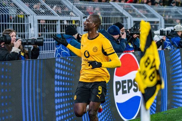 17 02 2026, Borussia Dortmund vs Atalanta Bergamo, UEFA Champions League, Playoffs Goal for 2 0 by Maximilian Beier Borussia Dortmund, 14 cheers here by Serhou Guirassy Borussia Dortmund, 9 after submission Regulations prohibit any use of photographs as image sequences and or quasi video Copyright: xBahhoxKarax