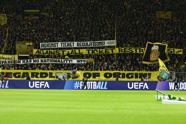 Dortmund, Germany, 17 02 26, BVB fans show a banner during the Champions League playoff match between Borussia Dortmund Atalanta Bergamo at Signal Iduna Park in Dortmund Photo by Joachim Bywaletz DFB DFL REGULATIONS PROHIBIT ANY USE OF PHOTOGRAPHS AS IMAGE SEQUENCES AND OR QUASI VIDEO Copyright: JoachimxBywaletz xJB-Sportfoto
