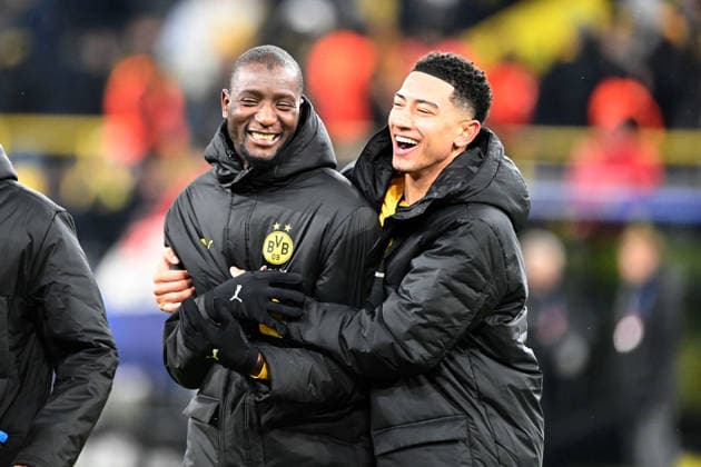 Final cheer, cheering, jubilation, enthusiasm, joy, emotion Serhou GUIRASSY DO and Jobe BELLINGHAM DO Football UEFA Champions League Play offs, Borussia Dortmund DO Atalanta Bergamo AB 2 0 on 17 02 2026 in Dortmund Germany UEFA regulations prohibit any use of photographs as image sequences and or quasi video Â
