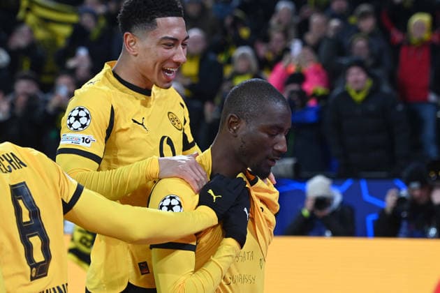 Serhou GUIRASSY DO cheers after his goal for 1 0, jubilant, jubilation, enthusiasm, joy, emotion with Jobe BELLINGHAM DO Football UEFA Champions League Play offs, Borussia Dortmund DO Atalanta Bergamo AB 2 0 on 17 02 2026 in Dortmund Germany UEFA regulations prohibit any use of photographs as image sequences and or quasi video Â
