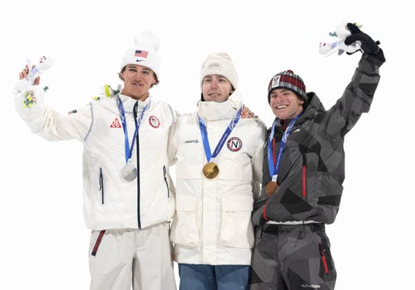 OLYMPICS - Winter Olympic Games, Olympische Spiele, Olympia, OS Milano Cortina 2026 LIVIGNO,ITALY,17.FEB.26 - OLYMPICS, SNOWBOARD - Winter Olympic Games Milano Cortina 2026, slopestyle, women, final, medal ceremony. Image shows Mac Forehand (USA), Tormod Frostad (NOR) and Matej Svancer (AUT). Keywords: medal.  GEPAxpictures xWolfgangxGrebien