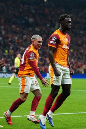 ISTANBUL, TURKEY - FEBRUARY 17: Davinson Sanchez (6) of Galatasaray celebrates after scoring the first goal of his team with Lucas Torreira (34)during the UEFA Champions League 2025 26 League Knockout Play-off First Leg match between Galatasaray A.S. and Juventus at Ali Sami Yen Spor Kompleksi on February 17, 2026 in Istanbul, Turkey. Istanbul Turkey Copyright: xSeskimphotox GSaray-Juve-170226 (169)