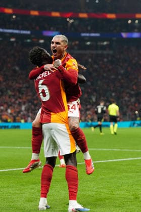 ISTANBUL, TURKEY - FEBRUARY 17: Davinson Sanchez (6) of Galatasaray celebrates after scoring the first goal of his team with Lucas Torreira (34)during the UEFA Champions League 2025 26 League Knockout Play-off First Leg match between Galatasaray A.S. and Juventus at Ali Sami Yen Spor Kompleksi on February 17, 2026 in Istanbul, Turkey. Istanbul Turkey Copyright: xSeskimphotox GSaray-Juve-170226 (186)