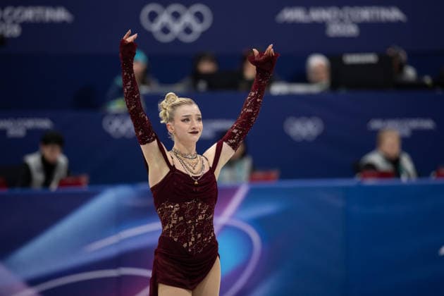 February 17, 2026, Milano, Lombardy, Italy: Amber Glenn of the United States reacts after her performance and is in 13th place in the Women Figure skating, Eiskunstlauf Short Program during the 2026 Winter Olympics at the Milano Ice Skating Arena on Tuesday in Milano. Milano Italy - ZUMAj89_ 20260217_oly_j89_075 Copyright: xPaulxKitagakixJr.x