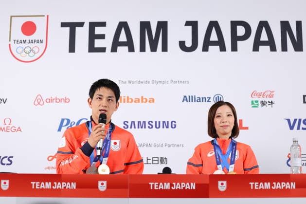 Riku Miura & Ryuichi Kihara (JPN), FEBRUARY 17, 2026 - Figure skating, Eiskunstlauf : Gold and Silver medalist Riku Miura & Ryuichi Kihara attend a press conference, PK, Pressekonferenz during the Milano Cortina 2026 Olympic Winter games, Winterspiele,Spiele, Summer games in Milan, Italy. Noxthirdxpartyxsales  aflo_320303644