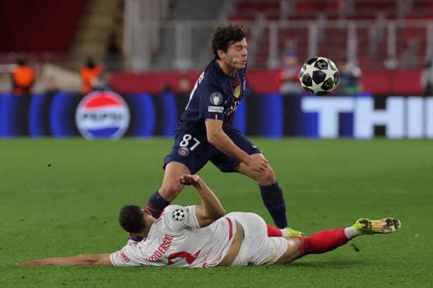 CALCIO - UEFA Champions League - AS Monaco vs PSG Tackle of Vanderson ( 2 - AS Monaco) on Joao Neves ( 87 - FC Paris Saint-Germain) during AS Monaco vs PSG, UEFA Champions League football match in Monaco, PrincPhoto by IPA ABACAPRESS.COMlity of Monaco, February 17 2026 Monaco  Copyright: xIPAxSport ABACAx