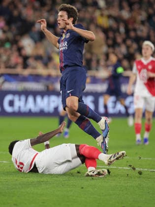 CALCIO - UEFA Champions League - AS Monaco vs PSG Lamine Camara ( 15 - AS Monaco) fault on Joao Neves ( 87 - FC Paris Saint-Germain) during AS Monaco vs PSG, UEFA Champions League football match in Monaco, PrincPhoto by IPA ABACAPRESS.COMlity of Monaco, February 17 2026 Monaco  Copyright: xIPAxSport ABACAx