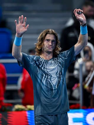 February 17, 2026, Doha, Qatar: Andrey Rublev of Russia celebrates after winning against Jesper de Jong of the Netherlands (not in view) during their men s singles round of 32 match at the ATP, Tennis Herren Qatar Exxonmobil Open 2026 tennis tournament at the Khalifa International Tennis Complex. Jesper de Jong won against Andrey Rublev 6-4,6-3. ATP Qatar Exxonmobil Open 2026 Tennis Tournament In Doha - 17 Feb 2026  - ZUMAs197 20260217_aaa_s197_383 Copyright: xNoushadxVariyattiyakkalx