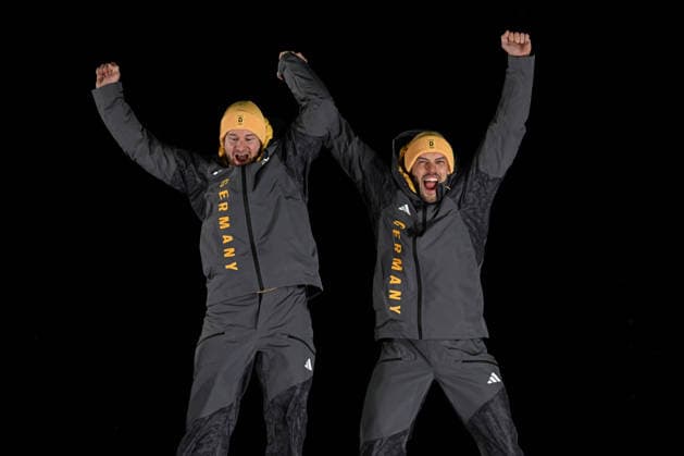 (260218) -- CORTINA D AMPEZZO, Feb. 18, 2026 -- Gold medalists Johannes Lochner (L) Georg Fleischhauer Germany celebrate during the awarding ceremony for the Bobsleigh 2-man at the Milan-Cortina 2026 Olympic Winter games, Winterspiele,Spiele, Summer games in Cortina D Ampezzo, Italy, Feb. 17, 2026. ) (MICO2026)ITALY-CORTINA D AMPEZZO-OLYMPIC WINTER GAMES-BOBSLEIGH-2-MAN LianxYi 