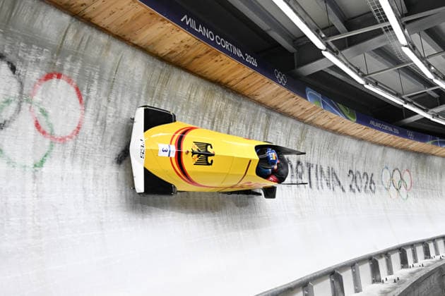 (260218) -- CORTINA D AMPEZZO, Feb. 18, 2026 -- Adam Ammour (L) Alexander Schaller of Germany compete during the Bobsleigh 2-man heat 3 at the Milan-Cortina 2026 Olympic Winter games, Winterspiele,Spiele, Summer games in Cortina D Ampezzo, Italy, Feb. 17, 2026. ) (MICO2026)ITALY-CORTINA D AMPEZZO-OLYMPIC WINTER GAMES-BOBSLEIGH-2-MAN LianxYi 