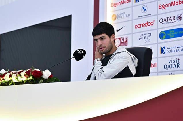 ATP, Tennis Herren QATAR OPEN 2026-CARLOS ALCARAZ press conference, PK, Pressekonferenz Spain s Carlos Alcaraz speaks at a press conference after defeating France s Arthur Rinderknech in their men s singles Round of 32 match at the ATP Qatar ExxonMobil Open 2026 tennis tournament at the Khalifa International Tennis Complex in Doha, Qatar on February 17, 2026. DOHA Qatar Copyright: xNOUSHADx