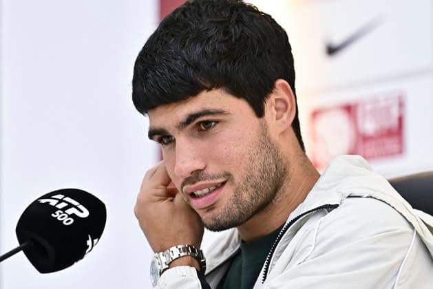 ATP, Tennis Herren QATAR OPEN 2026-CARLOS ALCARAZ press conference, PK, Pressekonferenz Spain s Carlos Alcaraz speaks at a press conference after defeating France s Arthur Rinderknech in their men s singles Round of 32 match at the ATP Qatar ExxonMobil Open 2026 tennis tournament at the Khalifa International Tennis Complex in Doha, Qatar on February 17, 2026. DOHA Qatar Copyright: xNOUSHADx