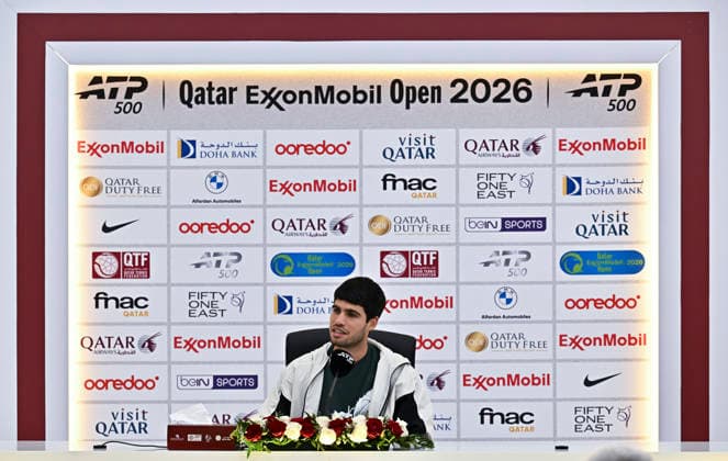 ATP, Tennis Herren QATAR OPEN 2026-CARLOS ALCARAZ press conference, PK, Pressekonferenz Spain s Carlos Alcaraz speaks at a press conference after defeating France s Arthur Rinderknech in their men s singles Round of 32 match at the ATP Qatar ExxonMobil Open 2026 tennis tournament at the Khalifa International Tennis Complex in Doha, Qatar on February 17, 2026. DOHA Qatar Copyright: xNOUSHADx