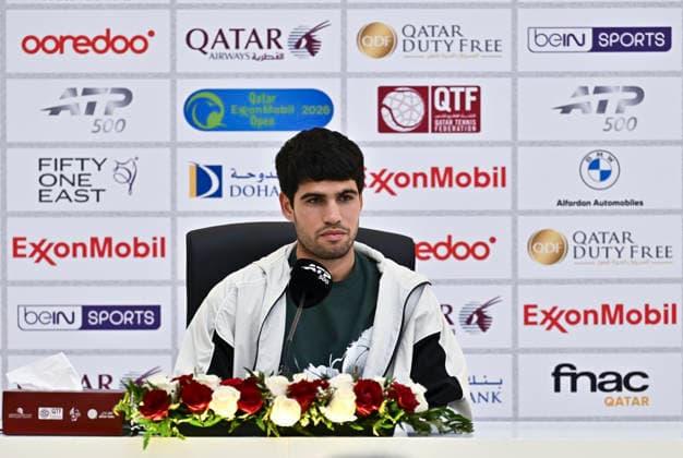 ATP, Tennis Herren QATAR OPEN 2026-CARLOS ALCARAZ press conference, PK, Pressekonferenz Spain s Carlos Alcaraz speaks at a press conference after defeating France s Arthur Rinderknech in their men s singles Round of 32 match at the ATP Qatar ExxonMobil Open 2026 tennis tournament at the Khalifa International Tennis Complex in Doha, Qatar on February 17, 2026. DOHA Qatar Copyright: xNOUSHADx
