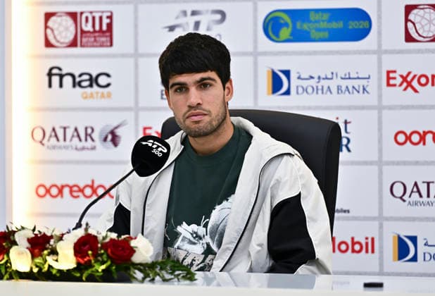 ATP, Tennis Herren QATAR OPEN 2026-CARLOS ALCARAZ press conference, PK, Pressekonferenz Spain s Carlos Alcaraz speaks at a press conference after defeating France s Arthur Rinderknech in their men s singles Round of 32 match at the ATP Qatar ExxonMobil Open 2026 tennis tournament at the Khalifa International Tennis Complex in Doha, Qatar on February 17, 2026. DOHA Qatar Copyright: xNOUSHADx