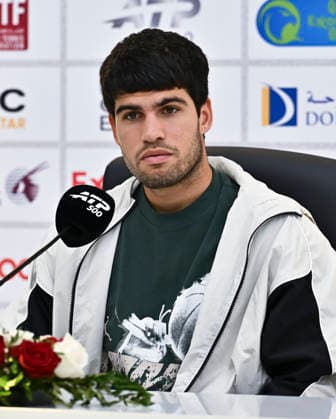 ATP, Tennis Herren QATAR OPEN 2026-CARLOS ALCARAZ press conference, PK, Pressekonferenz Spain s Carlos Alcaraz speaks at a press conference after defeating France s Arthur Rinderknech in their men s singles Round of 32 match at the ATP Qatar ExxonMobil Open 2026 tennis tournament at the Khalifa International Tennis Complex in Doha, Qatar on February 17, 2026. DOHA Qatar Copyright: xNOUSHADx