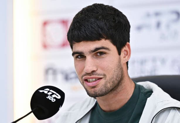 ATP, Tennis Herren QATAR OPEN 2026-CARLOS ALCARAZ press conference, PK, Pressekonferenz Spain s Carlos Alcaraz speaks at a press conference after defeating France s Arthur Rinderknech in their men s singles Round of 32 match at the ATP Qatar ExxonMobil Open 2026 tennis tournament at the Khalifa International Tennis Complex in Doha, Qatar on February 17, 2026. DOHA Qatar Copyright: xNOUSHADx