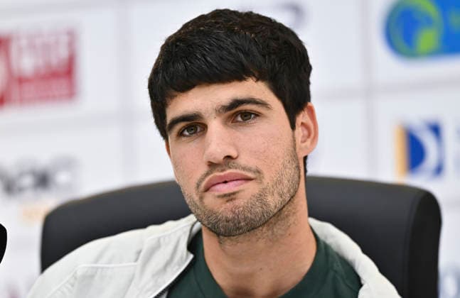 ATP, Tennis Herren QATAR OPEN 2026-CARLOS ALCARAZ press conference, PK, Pressekonferenz Spain s Carlos Alcaraz speaks at a press conference after defeating France s Arthur Rinderknech in their men s singles Round of 32 match at the ATP Qatar ExxonMobil Open 2026 tennis tournament at the Khalifa International Tennis Complex in Doha, Qatar on February 17, 2026. DOHA Qatar Copyright: xNOUSHADx