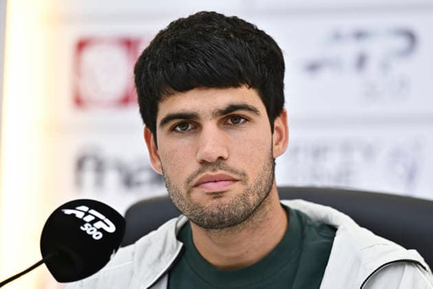 ATP, Tennis Herren QATAR OPEN 2026-CARLOS ALCARAZ press conference, PK, Pressekonferenz Spain s Carlos Alcaraz speaks at a press conference after defeating France s Arthur Rinderknech in their men s singles Round of 32 match at the ATP Qatar ExxonMobil Open 2026 tennis tournament at the Khalifa International Tennis Complex in Doha, Qatar on February 17, 2026. DOHA Qatar Copyright: xNOUSHADx