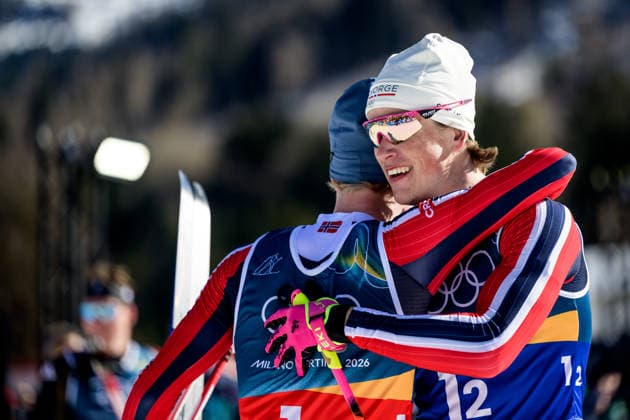 260218 Einar Hedegart of Norway and Johannes Hosflot Klaebo of Norway celebrate first place in the men s free technique team sprint cross-country skiing final during day 12 of the 2026 Winter Olympics on February 18, 2026 in Val di Fiemme. Photo: Maxim Thore BILDBYRAN kod MT MT0994 skidor cross-country skiing langrenn Olympic Games, Olympische Spiele, Olympia, OS olympics winter olympics os ol olympiska spel vinter-os olympiske leker milano cortina 2026 milan cortina 2026 milano cortina 2026 olympic games milano cortina 2026 winter olympic games milano cortina-os milano cortina-ol vinter-ol 12 bbeng teamsprint norge norway jubel *** 260218 Einar Hedegart of Norway and Johannes Hosflot Klaebo of Norway celebrate first place in the men s free technique team sprint cross country skiing final during day 12 of the 2026 Winter Olympics on February 18, 2026 in Val di Fiemme Photo Maxim Thore BILDBYRAN kod MT MT0994 skidor cross country skiing langrenn olympic games olympics winter olympics os ol olympiska spel vinter os olympiske leker milano cortina 2026 milan cortina 2026 milano cortina 2026 olympic games milano cortina 2026 winter olympic games milano cortina os milano cortina ol vinter ol 12 bbeng teamsprint norge norway jubel  Copyright: MAXIMxTHORE BB260218MT073