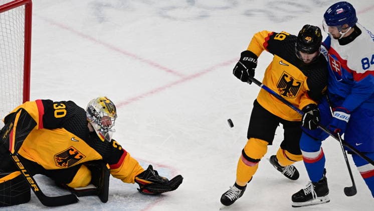 XXV Winter Olympic Games, Olympische Spiele, Olympia, OS in Milan, Italy, on February 18, 2026. Men s Ice hockey, Eishockey preliminary round playoffs, Slovakia - Germany. (L-R) Goalkeeper Philipp Grubauer of Germany, Lukas Kalble of Germany and Pavol Regenda of Slovakia. (CTKxPhoto MichalxKamaryt) CTKPhotoP2026021804107  CTKPhotoP2026021804107