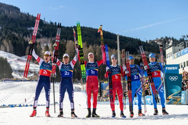 260218 Ben Ogden and Gus Schumacher of USA, Johannes Hosflot Klaebo and Einar Hedegart of Norway and Federico Pellegrino and Elia Barp of Italy celebrate after the men s free technique team sprint cross-country skiing final during day 12 of the 2026 Winter Olympics on February 18, 2026 in Val di Fiemme. Photo: Jon Olav Nesvold BILDBYRAN COP 217 MT0994 skidor cross-country skiing langrenn Olympic Games, Olympische Spiele, Olympia, OS olympics winter olympics os ol olympiska spel vinter-os olympiske leker milano cortina 2026 milan cortina 2026 milano cortina 2026 olympic games milano cortina 2026 winter olympic games milano cortina-os milano cortina-ol vinter-ol 12 bbeng teamsprint jubel *** 260218 Ben Ogden and Gus Schumacher of USA, Johannes Hosflot Klaebo and Einar Hedegart of Norway and Federico Pellegrino and Elia Barp of Italy celebrate after the men s free technique team sprint cross country skiing final during day 12 of the 2026 Winter Olympics on February 18, 2026 in Val di Fiemme Photo Jon Olav Nesvold BILDBYRAN COP 217 MT0994 skiing cross country skiing cross country olympic games olympics winter olympics os ol olympic games winter os olympic games milano cortina 2026 milan cortina 2026 milano cortina 2026 olympic games milano cortina 2026 winter olympic games milano cortina os milano cortina ol winter ol 12 bbeng team sprint jubilation  Copyright: JONxOLAVxNESVOLD BB260218JE064