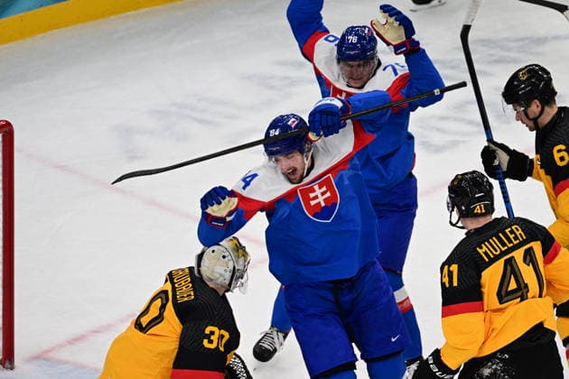 XXV Winter Olympic Games, Olympische Spiele, Olympia, OS in Milan, Italy, on February 18, 2026. Men s Ice hockey, Eishockey preliminary round playoffs, Slovakia - Germany. Pavol Regenda and Martin Pospisil of Slovakia celebrate a goal. From left goalkeeper Philipp Grubauer of Germany, Jonas Muller and Kai Wissmann of Germany. (CTKxPhoto MichalxKamaryt) CTKPhotoP2026021804262  CTKPhotoP2026021804262