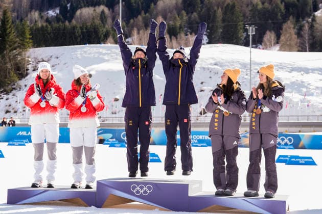 Winter Olympics in Milan Cortina 2026 Val di Fiemme, Italy 20260218. Nadja Kälin and Nadine Fähndrich from Switzerland, Maja Dahlqvist and Jonna Sundling from Sweden and Coletta Rydzek and Laura Gimmler from Germany during the cross-country team sprint on Lago di Tesero during the Winter Olympics in Milano Cortina 2026. Photo: Terje Pedersen NTB Val di Fiemme Italy EDITORIAL USE ONLY. RESTRICTED USE FOR BETTING COMPANIES Ref:_SPOus5LVA64YhE.jpg *** Winter Olympics in Milan Cortina 2026 Val di Fiemme, Italy 20260218 Nadja Kälin and Nadine Fähndrich from Switzerland, Maja Dahlqvist and Jonna Sundling from Sweden and Coletta Rydzek and Laura Gimmler from Germany during the cross country team sprint on Lago di Tesero during the Winter Olympics in Milano Cortina 2026 Photo Terje Pedersen NTB Val di Fiemme Italy EDITORIAL USE ONLY RESTRICTED USE FOR BETTING COMPANIES  Copyright: xTerjexPedersenx xNTBx