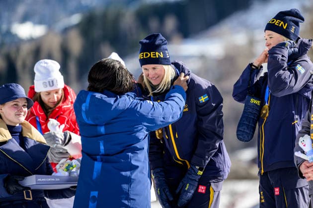 260218 Maja Dahlqvist of Sweden and Jonna Sundling of Sweden celebrate first place in the women s free technique team sprint cross-country skiing final during day 12 of the 2026 Winter Olympics on February 18, 2026 in Val di Fiemme. Photo: Maxim Thore BILDBYRAN kod MT MT0993 skidor cross-country skiing langrenn Olympic Games, Olympische Spiele, Olympia, OS olympics winter olympics os ol olympiska spel vinter-os olympiske leker milano cortina 2026 milan cortina 2026 milano cortina 2026 olympic games milano cortina 2026 winter olympic games milano cortina-os milano cortina-ol vinter-ol 12 bbeng teamsprint jubel sweden sverige *** 260218 Maja Dahlqvist of Sweden and Jonna Sundling of Sweden celebrate first place in the women s free technique team sprint cross country skiing final during day 12 of the 2026 Winter Olympics on February 18, 2026 in Val di Fiemme Photo Maxim Thore BILDBYRAN kod MT MT0993 skidor cross country skiing langrenn olympic games olympics winter olympics os ol olympiska spel vinter os olympiske leker milano cortina 2026 milan cortina 2026 milano cortina 2026 olympic games milano cortina 2026 winter olympic games milano cortina os milano cortina ol vinter ol 12 bbeng teamsprint jubel sweden sverige  Copyright: MAXIMxTHORE BB260218MT084