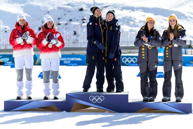 260218 Maja Dahlqvist of Sweden and Jonna Sundling of Sweden celebrate first place in the women s free technique team sprint cross-country skiing final during day 12 of the 2026 Winter Olympics on February 18, 2026 in Val di Fiemme. Photo: Jon Olav Nesvold BILDBYRAN COP 217 MT0994 skidor cross-country skiing langrenn Olympic Games, Olympische Spiele, Olympia, OS olympics winter olympics os ol olympiska spel vinter-os olympiske leker milano cortina 2026 milan cortina 2026 milano cortina 2026 olympic games milano cortina 2026 winter olympic games milano cortina-os milano cortina-ol vinter-ol 12 bbeng teamsprint sweden sverige jubel *** 260218 Maja Dahlqvist of Sweden and Jonna Sundling of Sweden celebrate first place in the women s free technique team sprint cross country skiing final during day 12 of the 2026 Winter Olympics on February 18, 2026 in Val di Fiemme Photo Jon Olav Nesvold BILDBYRAN COP 217 MT0994 skidor cross country skiing langrenn olympic games olympics winter olympics os ol olympiska spel vinter os olympiske leker milano cortina 2026 milan cortina 2026 milano cortina 2026 olympic games milano cortina 2026 winter olympic games milano cortina os milano cortina ol vinter ol 12 bbeng teamsprint sweden sverige jubel  Copyright: JONxOLAVxNESVOLD BB260218JE074