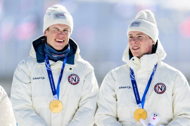 260218 Johannes Hosflot Klaebo of Norway and Einar Hedegart of Norway celebrate first place in the men s free technique team sprint cross-country skiing final during day 12 of the 2026 Winter Olympics on February 18, 2026 in Val di Fiemme. Photo: Jon Olav Nesvold BILDBYRAN COP 217 MT0994 skidor cross-country skiing langrenn Olympic Games, Olympische Spiele, Olympia, OS olympics winter olympics os ol olympiska spel vinter-os olympiske leker milano cortina 2026 milan cortina 2026 milano cortina 2026 olympic games milano cortina 2026 winter olympic games milano cortina-os milano cortina-ol vinter-ol 12 bbeng teamsprint jubel norge norway guld gold *** 260218 Johannes Hosflot Klaebo of Norway and Einar Hedegart of Norway celebrate first place in the men s free technique team sprint cross country skiing final during day 12 of the 2026 Winter Olympics on February 18, 2026 in Val di Fiemme Photo Jon Olav Nesvold BILDBYRAN COP 217 MT0994 skidor cross country skiing langrenn olympic games olympics winter olympics os ol olympiska spel vinter os olympiske leker milano cortina 2026 milan cortina 2026 milano cortina 2026 olympic games milano cortina 2026 winter olympic games milano cortina os milano cortina ol vinter ol 12 bbeng teamsprint jubel norge norway guld gold  Copyright: JONxOLAVxNESVOLD BB260218JE092