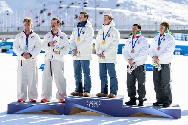 260218 Ben Ogden and Gus Schumacher of USA, Johannes Hosflot Klaebo and Einar Hedegart of Norway and Elia Barp and Federico Pellegrino of Italy celebrate after the men s free technique team sprint cross-country skiing final during day 12 of the 2026 Winter Olympics on February 18, 2026 in Val di Fiemme. Photo: Jon Olav Nesvold BILDBYRAN COP 217 MT0994 skidor cross-country skiing langrenn Olympic Games, Olympische Spiele, Olympia, OS olympics winter olympics os ol olympiska spel vinter-os olympiske leker milano cortina 2026 milan cortina 2026 milano cortina 2026 olympic games milano cortina 2026 winter olympic games milano cortina-os milano cortina-ol vinter-ol 12 bbeng teamsprint norge norway jubel *** 260218 Ben Ogden and Gus Schumacher of USA, Johannes Hosflot Klaebo and Einar Hedegart of Norway and Elia Barp and Federico Pellegrino of Italy celebrate after the men s free technique team sprint cross country skiing final during day 12 of the 2026 Winter Olympics on February 18, 2026 in Val di Fiemme Photo Jon Olav Nesvold BILDBYRAN COP 217 MT0994 skiing cross country skiing cross country olympic games olympics winter olympics os ol olympiska spel vinter os olympiske leker milano cortina 2026 milan cortina 2026 milano cortina 2026 olympic games milano cortina 2026 winter olympic games milano cortina os milano cortina ol vinter ol 12 bbeng teamsprint norge norway jubel  Copyright: JONxOLAVxNESVOLD BB260218JE098