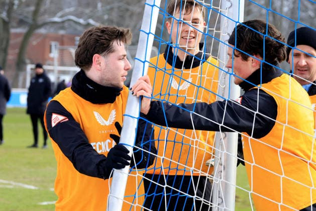 DEU, DFL, 2 FBL Hertha BSC, Training, 18 02 2026, Sportforum, Berlin, DEU, DFL, 2 FBL Hertha BSC, Training, in the picture Leon Jensen Hertha BSC Berlin 5 , Tjark Ernst Hertha BSC Berlin 1 , Fabian Reese Hertha BSC Berlin 11 DFL regulations prohibit any use of Photographs as image sequences and or quasi video nordphotoxGmbHx xEngler nph00076