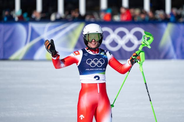 RAST Camille (Schweiz) jubelt ueber die Fuehrung und eine moegliche Medaille, ITA, Olympische Spiele Milano Cortina 2026, Olympia, Ski Alpin, Slalom Damen, 18.02.2026 ITA, Olympische Spiele Milano Cortina 2026, Olympia, Ski Alpin, Slalom Damen, 18.02.2026 Cortina d Ampezzo *** RAST Camille Switzerland cheers about the lead and a possible medal, ITA, Olympic Games Milano Cortina 2026, Olympic Games, Alpine Skiing, Slalom Women, 18 02 2026 ITA, Olympic Games Milano Cortina 2026, Olympic Games, Alpine Skiing, Slalom Women, 18 02 2026 Cortina d Ampezzo Copyright: xEibner-Pressefoto Memmlerx EP_MMR