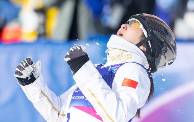 OLYMPICS - Winter Olympic Games, Olympische Spiele, Olympia, OS Milano Cortina 2026 LIVIGNO,ITALY,18.FEB.26 - OLYMPICS, FREE SKI, FREESTYLE SKIING - Winter Olympic Games Milano Cortina 2026, aerials, women, final. Image shows the rejoicing of Mengtao Xu (CHN).  GEPAxpictures xHaraldxSteiner