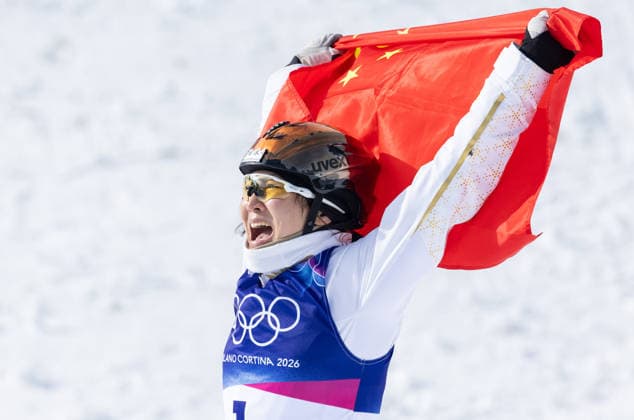 OLYMPICS - Winter Olympic Games, Olympische Spiele, Olympia, OS Milano Cortina 2026 LIVIGNO,ITALY,18.FEB.26 - OLYMPICS, FREE SKI, FREESTYLE SKIING - Winter Olympic Games Milano Cortina 2026, aerials, women, final. Image shows the rejoicing of Mengtao Xu (CHN).  GEPAxpictures xHaraldxSteiner
