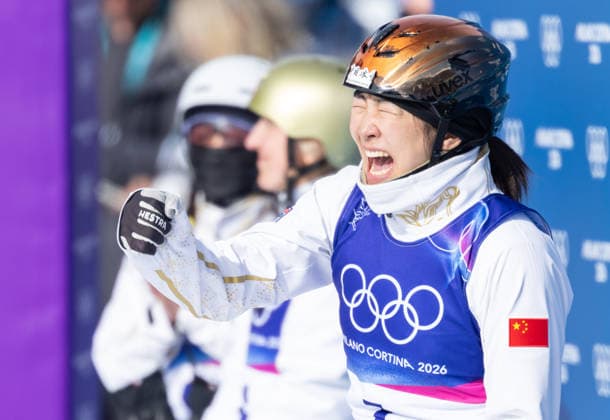 OLYMPICS - Winter Olympic Games, Olympische Spiele, Olympia, OS Milano Cortina 2026 LIVIGNO,ITALY,18.FEB.26 - OLYMPICS, FREE SKI, FREESTYLE SKIING - Winter Olympic Games Milano Cortina 2026, aerials, women, final. Image shows the rejoicing of Mengtao Xu (CHN).  GEPAxpictures xHaraldxSteiner