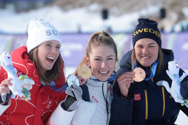 The podium during the Olympic Winter games, Winterspiele,Spiele, Summer games Milano-Cortina 2026, Alpine Skiing Women s Slalom - Run 2 on February 18, 2026 at Tofane Alpine Skiing Centre in Cortina D Ampezzo  Copyright: xLucianoxMariaxBisi IPAxSportx xipa-agency.netx xx IPA_71687743 IPA_Agency_IPA71687743