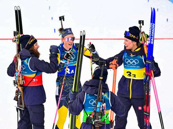 ANTERSELVA, ITALIEN 20260218 Sveriges Linn Gestblom, Hanna Öberg, Anna Magnusson och Elvira Öberg tar silver i damernas skidskyttestafett, 4x6 km, under vinter-OS i Anterselva, Italien. *** Bilden ingar i SPORTPAKET. För övriga BETALBILD *** ANTERSELVA ITALIEN x10030x *** ANTERSELVA, ITALY 20260218 Swedens Linn Gestblom, Hanna Öberg, Anna Magnusson and Elvira Öberg take silver in the womens biathlon relay, 4x6 km, during the Winter Olympics in Anterselva, Italy Picture in SPORT PACKAGE For others PAY PICTURE ANTERSELVA ITALY x10030x  Copyright: xJonasxEkströmer TTx OS 2026 SKIDSKYTTESTAFETT DAMER