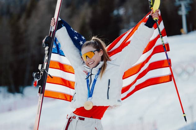 OLYMPICS - Winter Olympic Games, Olympische Spiele, Olympia, OS Milano Cortina 2026 CORTINA D AMPEZZO,ITALY,18.FEB.26 - OLYMPICS, ALPINE SKIING - Winter Olympic Games Milano Cortina 2026, slalom, women, medal ceremony. Image shows ther rejoicing of Mikaela Shiffrin (USA). Keywords: medal  GEPAxpictures xAlexanderxSolc