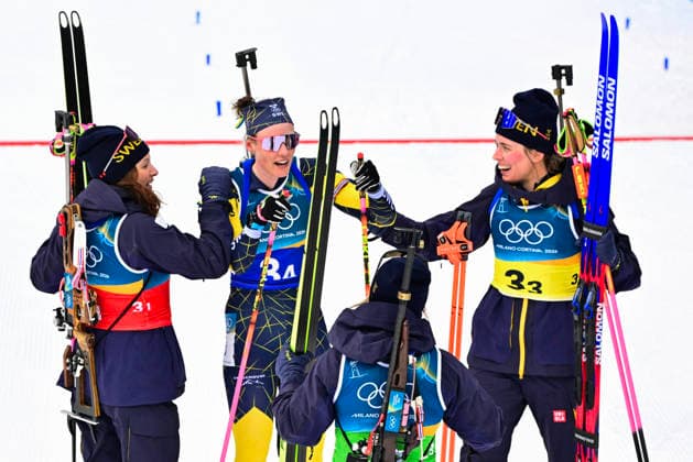ANTERSELVA, ITALIEN 20260218 Sveriges Linn Gestblom, Hanna Öberg, Anna Magnusson och Elvira Öberg tar silver i damernas skidskyttestafett, 4x6 km, under vinter-OS i Anterselva, Italien. *** Bilden ingar i SPORTPAKET. För övriga BETALBILD *** ANTERSELVA ITALIEN x10030x *** ANTERSELVA, ITALY 20260218 Swedens Linn Gestblom, Hanna Öberg, Anna Magnusson and Elvira Öberg take silver in the womens biathlon relay, 4x6 km, during the Winter Olympics in Anterselva, Italy Picture in SPORT PACKAGE For others PAY PICTURE ANTERSELVA ITALY x10030x  Copyright: xJonasxEkströmer TTx OS 2026 SKIDSKYTTESTAFETT DAMER