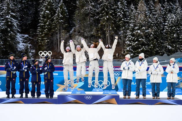260218 Team Sweden, Team France and Team Norway celebrate on the podium after the women s biathlon 4 x 6 km relay during day 12 of the 2026 Winter Olympics on February 18, 2026 in Anterselva. Photo: Mathias Bergeld BILDBYRAN kod MB MB1336 skidskytte biathlon skiskyting Olympic Games, Olympische Spiele, Olympia, OS olympics winter olympics os ol olympiska spel vinter-os olympiske leker milano cortina 2026 milan cortina 2026 milano cortina 2026 olympic games milano cortina 2026 winter olympic games milano cortina-os milano cortina-ol vinter-ol 12 bbeng relay stafett jubel sverige norge *** 260218 Team Sweden, Team France and Team Norway celebrate on the podium after the women s biathlon 4 x 6 km relay during day 12 of the 2026 Winter Olympics on February 18, 2026 in Anterselva Photo Mathias Bergeld BILDBYRAN code MB MB1336 biathlon biathlon olympic games olympics olympics winter olympics os ol olympiska spel vinter os olympiske leker milano cortina 2026 milan cortina 2026 milano cortina 2026 olympic games milano cortina 2026 winter olympic games milano cortina os milano cortina ol vinter ol 12 bbeng relay relay jubel sverige norge  Copyright: MATHIASxBERGELD BB260218MB092